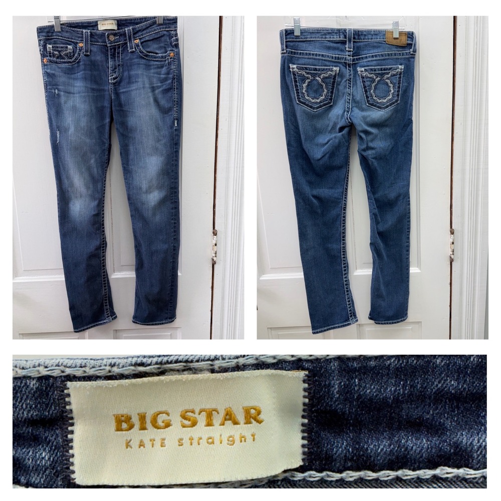 Big Star Kate Straight Leg Thick Stitch Distressed Denim Jeans Women's 28R 28